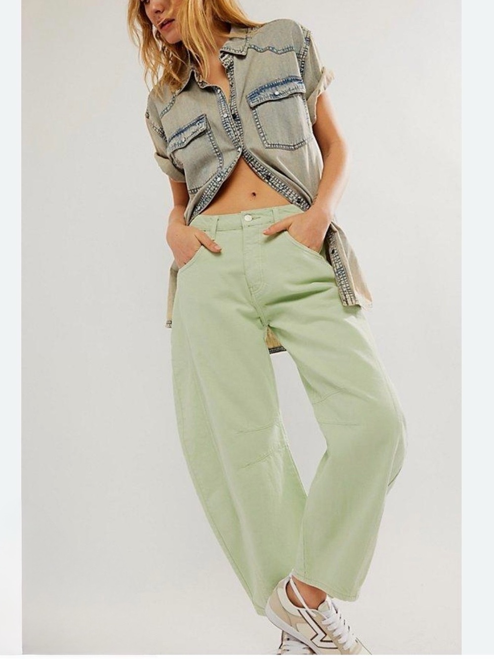 Free People Good Luck Barrel Jeans Pistachio Green Size 25